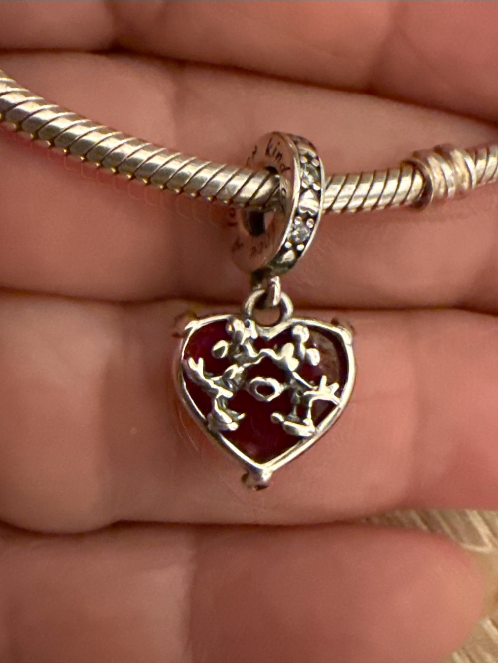 Pandora Silver Heart Dangle Charm with Deep Red Enamel